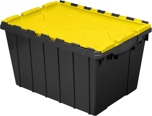 Auction Akro-Mils 66486 12-Gallon Plastic Stackable Storage KeepBox Tote Container with Attached Hinged Lid, 21-1/2-Inch x 15-Inch x 12-1/2-Inch, Black/Yellow