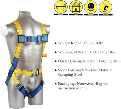 Full Body Safety Harness Tool Fall Protection with D-Rings and Waist Belt