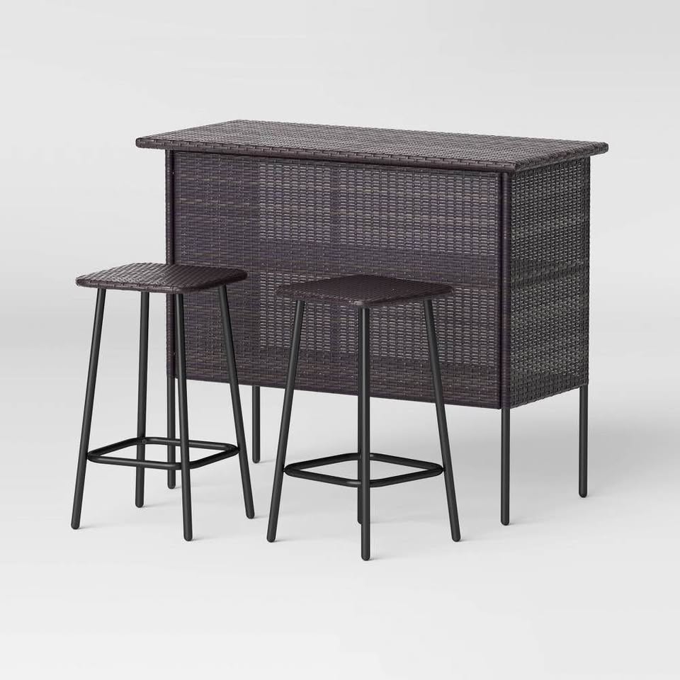 3 PC Wicker Outdoor Patio Bar Store & Serve Set Dark Brown - Room Essentials™: Steel Frame, E-Coating, Storage Shelves