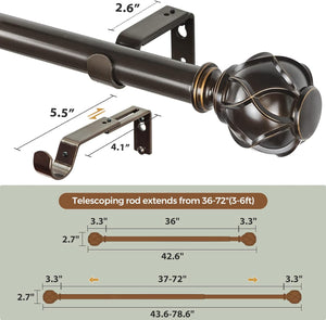 KAMANINA 1 Inch Curtain Rod Telescoping Single Drapery Rod 36 to 72 Inches - BRONZE WITH CLEAR FINIALS