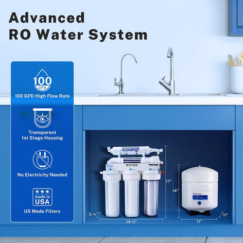 iSpring RO100 Under Sink 5-Stage Reverse Osmosis Drinking Water Filtration System High Capacity 100 GPD Fast Flow, 1:1 Pure to Waste Ratio, US Made Filters