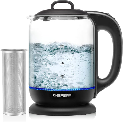 Chefman 1.7 Liter Electric Kettle With Tea Infuser, Cordless With Removable Lid And 360 Swivel Base, LED Indicator Lights