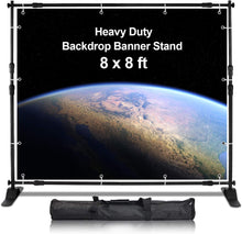 Load image into Gallery viewer, AkTop 8x8 ft Heavy Duty Backdrop Banner Stand Kit, Adjustable Photography Step and Repeat Stand for Parties, Portable Trade Show Photo Booth Background with Carrying Bag