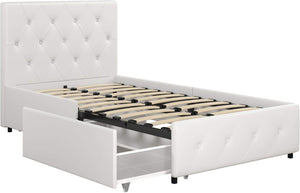 DHP Dakota Upholstered Platform Bed with Underbed Storage Drawers and Diamond Button Tufted Headboard and Footboard, No Box Spring Needed, Twin, White Faux Leather