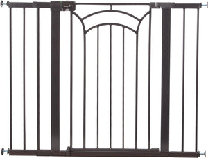 Auction Safety 1st Decor Tall & Wide Pressure-Installed Metal Gate With SecureTech locking handle - Fits 29-47" Wide, 36" Tall, Includes 2 Extension Panels And 4 Wall Cups, Great For Babies And Pets, Bronze - IMPERFECT