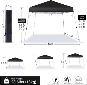 CAMPHILL 8x8 Pop up Canopy Tent,Portable Easy Up Slant Leg Canopy with Carrying Bag,Instant Commercial Shelter,UV Resistant Waterproof,for Outdoor Events,Patio,Backyard,Party,Camping,Black