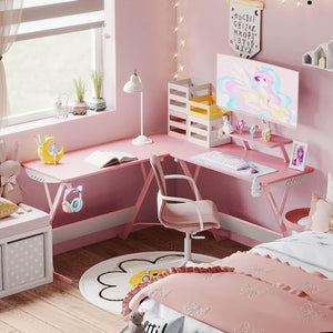 51" MOTPK Pink Gaming Desk with LED Lights, L Shaped