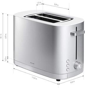 ZWILLING Enfinigy Cool Touch Toaster 2 Slice with Extra Wide 1.5" Slots for Bagels, 7 Toast Settings, Even Toasting, Reheat, Cancel, Defrost, Silver