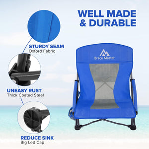 Brace Master Beach Chair Camping Chair, Foldable Mesh Back Design with Cup Holder & Cooler & Phone Bag