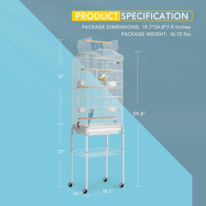 64 Inch Bird Cage with Play Top and Rolling Stand for Parrots Conures Lovebird Cockatiel Parakeets White