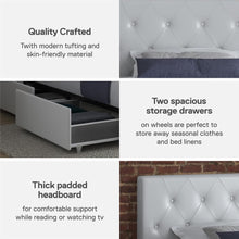 Load image into Gallery viewer, DHP Dakota Upholstered Platform Bed with Underbed Storage Drawers and Diamond Button Tufted Headboard and Footboard, No Box Spring Needed, Twin, White Faux Leather