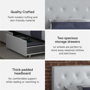 DHP Dakota Upholstered Platform Bed with Underbed Storage Drawers and Diamond Button Tufted Headboard and Footboard, No Box Spring Needed, Twin, White Faux Leather