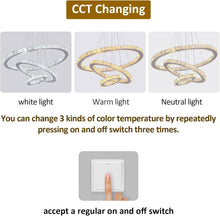 Load image into Gallery viewer, 3 Rings Modern Crystal Chandelier - Kaniker 3 Colors Changeable Semi Flush Mount Ceiling Light, 23.6&#39;&#39;+15.7&#39;&#39;+7.8&#39;&#39; Adjustable Pendant Lights for Bedroom, School, Hotel, Company