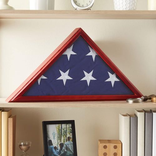 Large Flag Box Display Case for Burial Flag, Veterans, Triangle Holder for a Folded 5' x 9.5' Military Flag with Wall Mount and Glass Front (Cherry Wood Finish, 24.7 x 12.4 x 3.5 In)