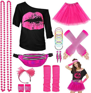 80s Outfit Accessories for Women, Lips Print T-Shirt Tutu Fanny Pack Legwarmers, 1980s Costume Retro Cosplay Theme Party