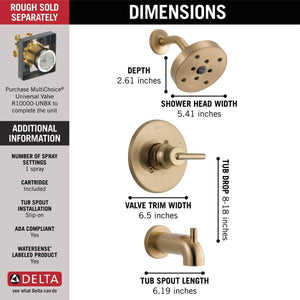 Delta Faucet Trinsic 14 Series Single-Function Tub and Shower Trim Kit with Single-Spray H2Okinetic Shower Head, Champagne Bronze T14459-CZ (Valve Not Included)