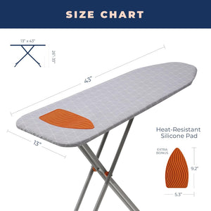 Happhom Ironing Board (13x43), Compact and Space Saver Patented Ironing Board with Extra Thick Heavy Duty Padded Cover, Height Adjustable