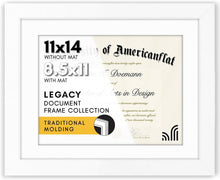 Load image into Gallery viewer, Americanflat 11x14 Diploma Frame with Shatter-Resistant Glass - Use as 8.5x11 Frame with Mat or 11x14 Frame Without Mat - Legacy Collection - Thin Picture Frame for Wall Display - White