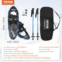 Load image into Gallery viewer, VEVOR 30 inch Light Weight Snowshoes for Women Men Youth Kids, Aluminum Alloy Frame Terrain Snow Shoes, Snowshoes Set with Trekking Poles and Carrying Tote Bag, Fully Adjustable Bindings, Blue