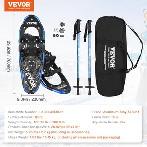 VEVOR 30 inch Light Weight Snowshoes for Women Men Youth Kids, Aluminum Alloy Frame Terrain Snow Shoes, Snowshoes Set with Trekking Poles and Carrying Tote Bag, Fully Adjustable Bindings, Blue