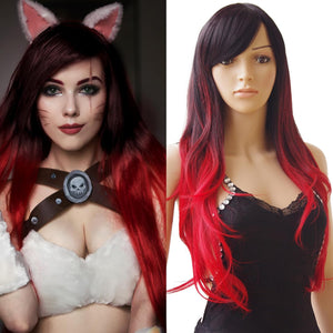 Auction S-noilite Long Ombre Cosplay Hair Wig Women Wavy Heat Resistant Synthetic Hair Costume Wig for Halloween Party 28" Black to Red