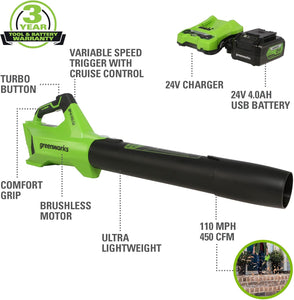 Greenworks 24V Brushless Axial Blower (110 MPH / 450 CFM), 4Ah USB Battery and Charger Included BL24L410