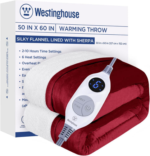 Auction Westinghouse Electric Blanket Throw Heated Blanket with 6 Heating Levels and 2-10 Hours Time Settings, Flannel to Sherpa Super Cozy Heated Blanket Machine Washable, 50x60 inch, Charcoal