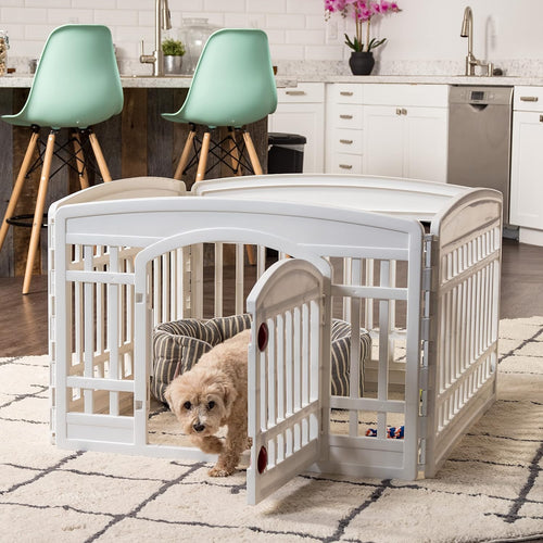 IRIS USA Dog Playpen, 4-Panel Pet Playpen with Door, Puppy Playpen, Indoor/Outdoor Dog Pen, 35 x 35 x 24, Foldable, Customizable, White