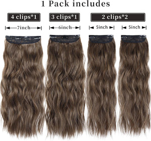 Auction 20 inch Synthetic Hair Extensions Dark Brown Mixed Middle Brown Highlight Thick Clip In Hair Extensions Wavy Hair Extensions for Women(Dark Brown Mixed Middle Brown Highlight)