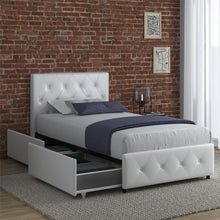 Load image into Gallery viewer, DHP Dakota Upholstered Platform Bed with Underbed Storage Drawers and Diamond Button Tufted Headboard and Footboard, No Box Spring Needed, Twin, White Faux Leather