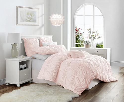 King/Cal King 3-Piece Ruched Pinch Pleat Rosette Floral Pintuck Duvet Cover & Sham Set - BLUSH