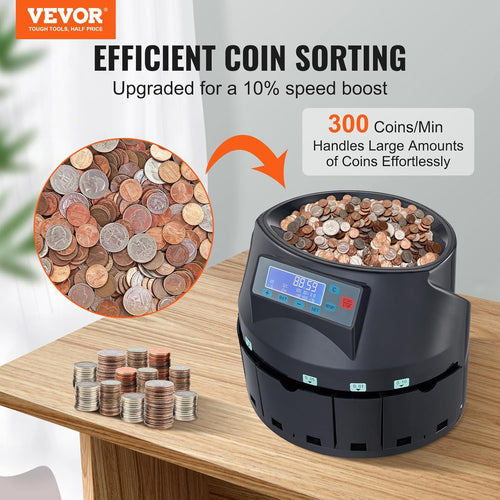 VEVOR USD Coin Counter & Coin Sorters with LCD Display, Coin Sorter Machine for Coin 1￠ 5￠ 10￠ 25￠ $1, Sorts up to 300 Coins/min, Change Counter Holds 2000 Coins Included 5 Coin Bins & 5 Tubes