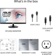 Load image into Gallery viewer, ASUS VP229Q 21.5 Monitor, 1080P Full HD, 75Hz, IPS, FreeSync/Adaptive-Sync, Eye Care, HDMI DisplayPort VGA, Frameless, VESA Wall Mountable BLACK