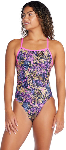 Speedo Women's Endurance Printed Tri Back One Piece Swimsuit - Electric Current-Candy Vibe, Size 32