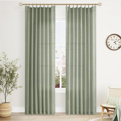 Light Filtering Sage Green Pinch Pleated Linen Curtains 40x84 Inch each (Set of 2)