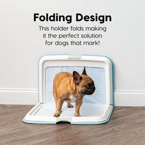 IRIS USA Pee Pad Holder, XL, Marking and Leg Lifting Dog Pad Holder, Foldable, Secure Latches, Non-Skid Rubber Feet, High Polish Finish for Easy Cleaning, Fits 58.4 x 88.9 cm Pad or Larger, Blue