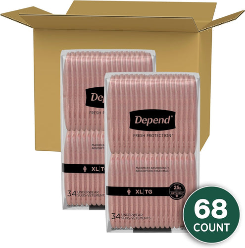 Depend Fresh Protection Adult Incontinence Underwear for Women (Formerly Depend Fit-Flex), Disposable, Maximum, Extra-Large, Blush, 68 Count (2 Packs of 34)
