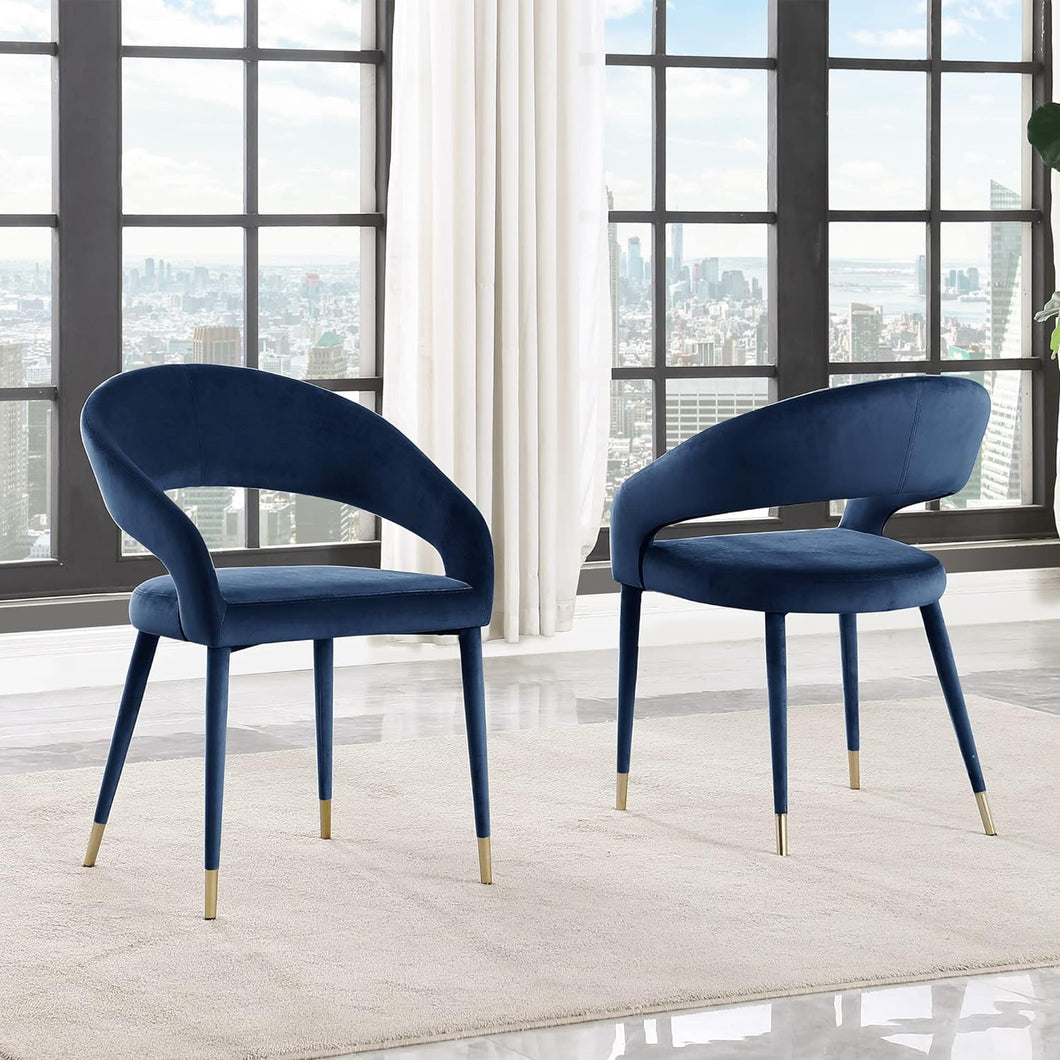 Joel Velvet Contemporary Dining Chair With Gold Accents, Set of 2, Navy Blue