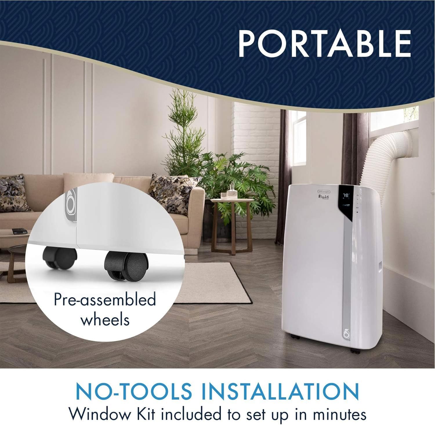 DeLonghi Portable Air Conditioner 12,000 BTU,cool large rooms up to 500 sq ft,remote,energy saving mode,extremely Quiet,AC Unit for room,dehumidifier,fan,programmable,window venting kit,EX360LVYN