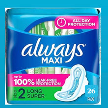 Load image into Gallery viewer, Always Maxi Pads Long Super Absorbency Unscented with Wings - Size 2 - 26 CT