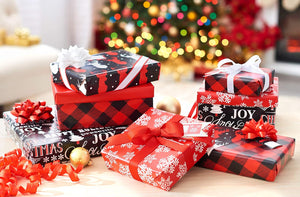 Christmas Wrapping Paper Kit with Gridlines, Bows and Gift Tags, Red, Black and White, Plaid, Reindeer and Snowflakes (41-Count, 120 sq. ft.)