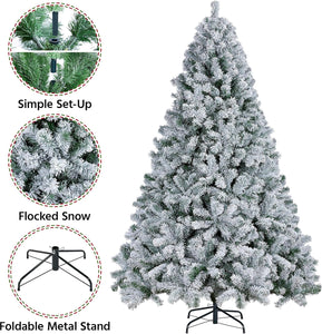 Yaheetech 7.5ft Premium Snow Flocked Hinged Artificial Christmas Fake Spruce Full Tree for Home Office Party Decoration with 1284 Branch White Snow Tips and Metal Stand