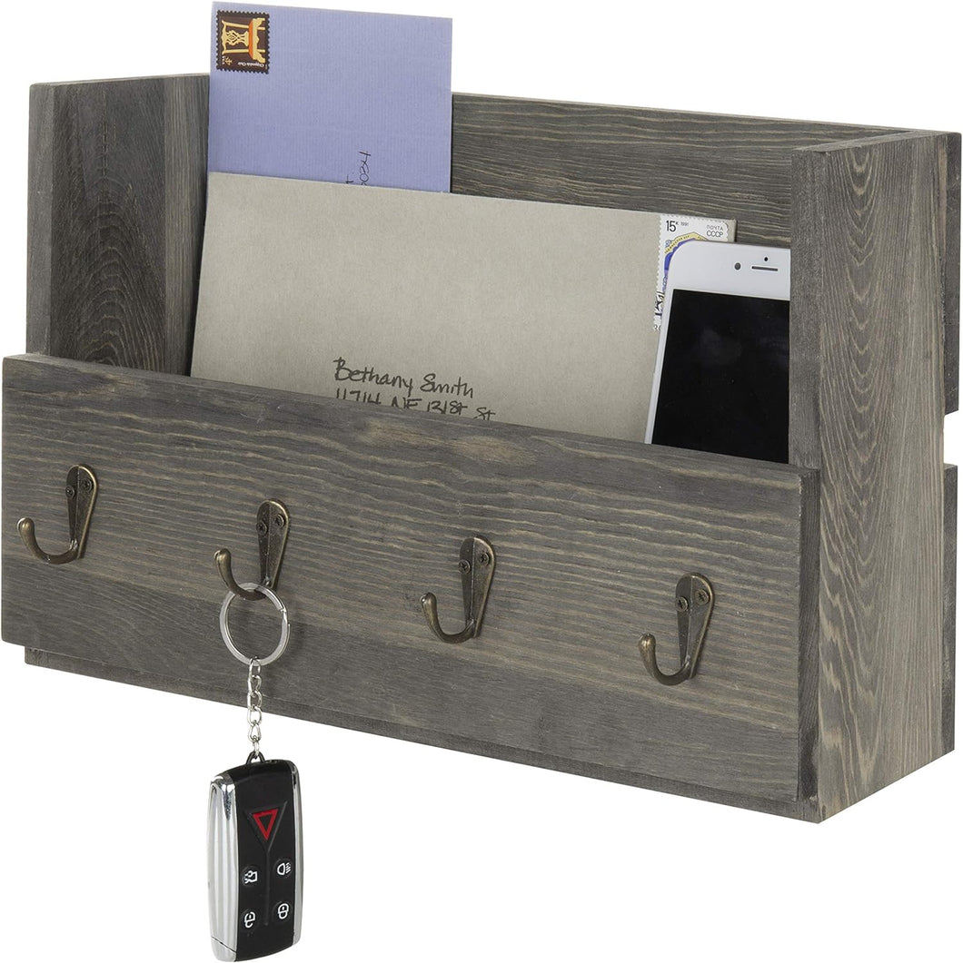 Rustic Gray Wood Wall Mounted Mail Holder Organizer with 4 Key Hooks