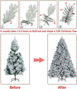 Yaheetech 7.5ft Premium Snow Flocked Hinged Artificial Christmas Fake Spruce Full Tree for Home Office Party Decoration with 1284 Branch White Snow Tips and Metal Stand