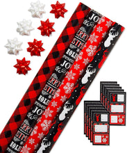 Load image into Gallery viewer, Christmas Wrapping Paper Kit with Gridlines, Bows and Gift Tags, Red, Black and White, Plaid, Reindeer and Snowflakes (41-Count, 120 sq. ft.)