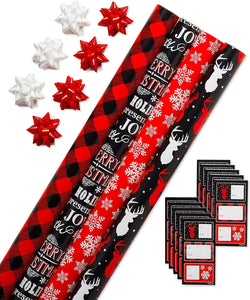 Christmas Wrapping Paper Kit with Gridlines, Bows and Gift Tags, Red, Black and White, Plaid, Reindeer and Snowflakes (41-Count, 120 sq. ft.)