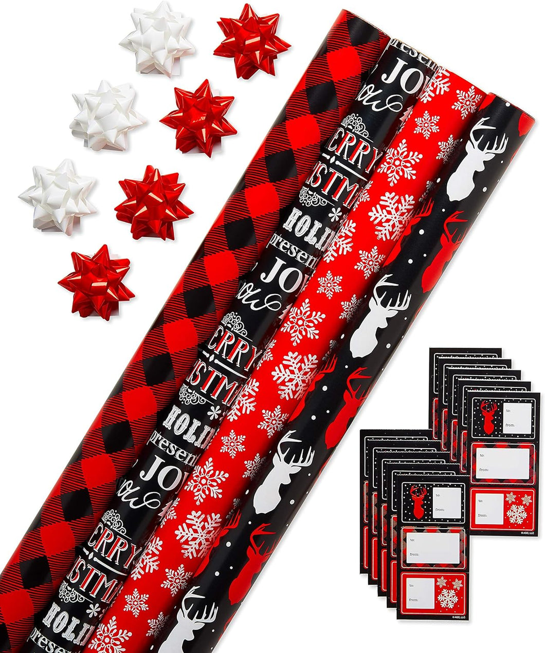 Christmas Wrapping Paper Kit with Gridlines, Bows and Gift Tags, Red, Black and White, Plaid, Reindeer and Snowflakes (41-Count, 120 sq. ft.)