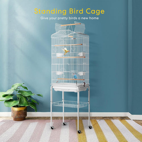 64 Inch Bird Cage with Play Top and Rolling Stand for Parrots Conures Lovebird Cockatiel Parakeets White