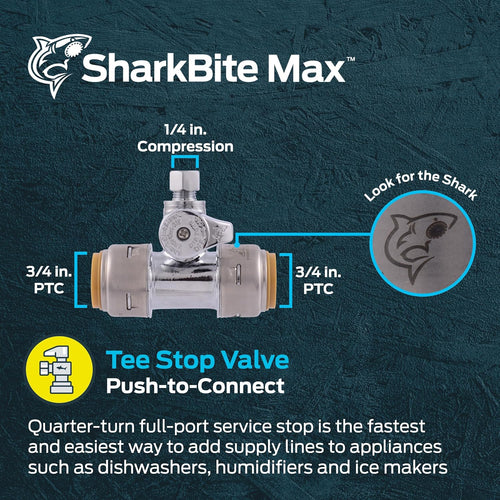 SharkBite Max 3/4 x 3/4 x 1/4 Inch Compression Tee Stop Valve, Push to Connect Brass Plumbing Fitting, PEX Pipe, Copper, CPVC, PE-RT, HDPE, UR24985A