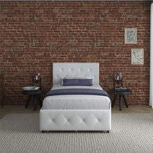 Load image into Gallery viewer, DHP Dakota Upholstered Platform Bed with Underbed Storage Drawers and Diamond Button Tufted Headboard and Footboard, No Box Spring Needed, Twin, White Faux Leather